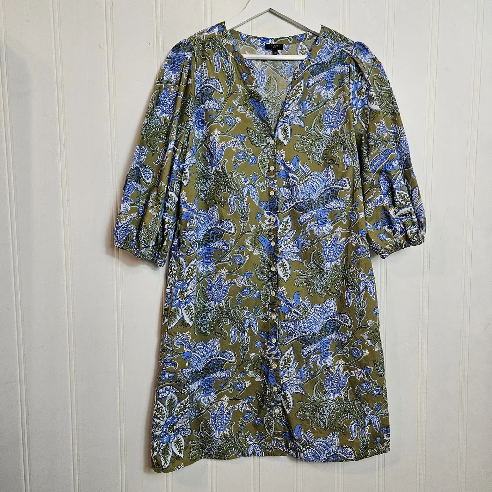 Talbots Petite 14P Floral Poplin Shirtdress Tie Waist Cotton Pockets